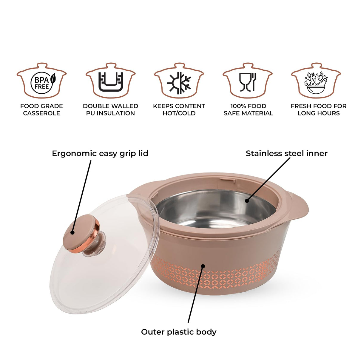 Stainless steel casserole with glass lid and roti server, 2500 ML, insulated HotPot Thermosteel brand for home and kitchen use.