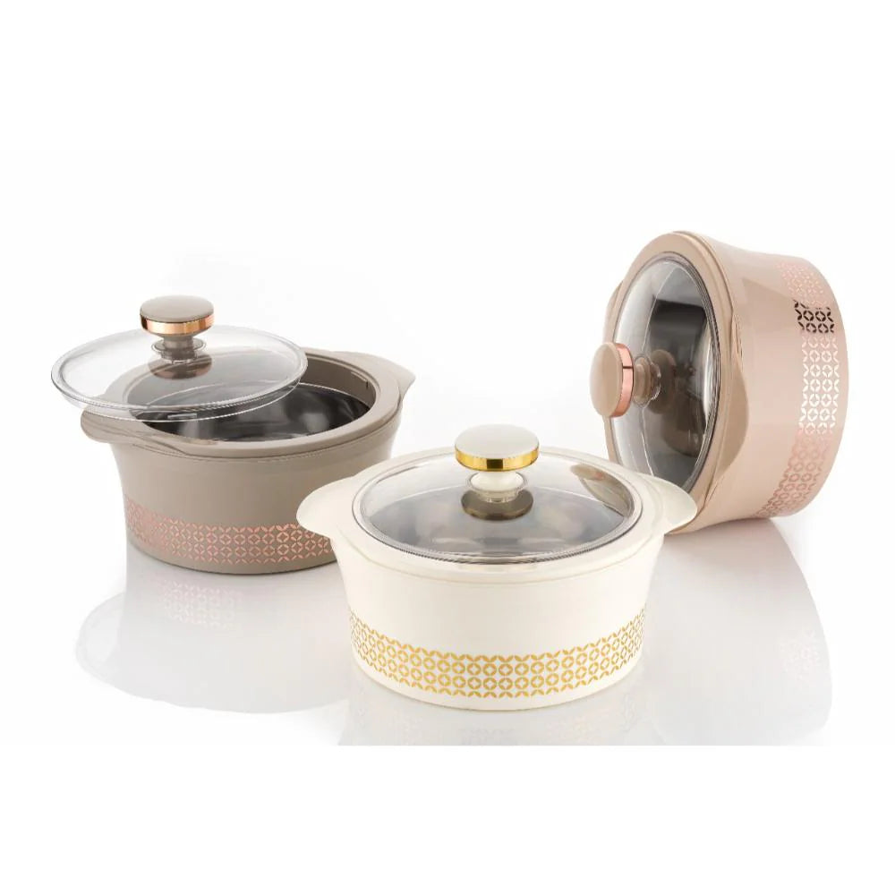 Stainless steel HotPot casserole with glass lid and roti server, 2500ml insulated cookware for home and kitchen use.