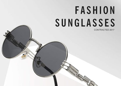 Gothic steampunk round sunglasses with metal circle frame and intricate design, stylish accessory by Drpshippr