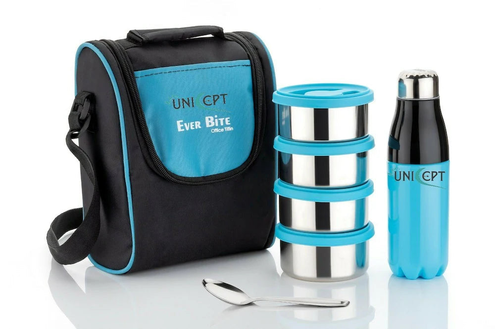 Steel combo lunch box with four 800ML containers, insulated water bottle, and spoon, ideal for home and kitchen use.
