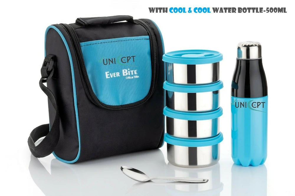 Steel combo lunch box with four 800ml containers, insulated water bottle, and spoon, ideal for home and kitchen use.