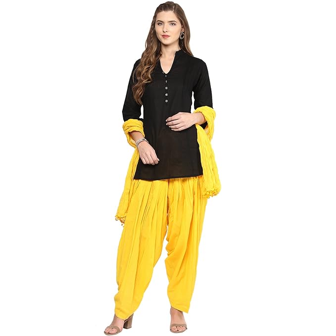 Stylish women short kurta and Patiala salwar suit set with matching dupatta, featuring elegant design and vibrant fabric.