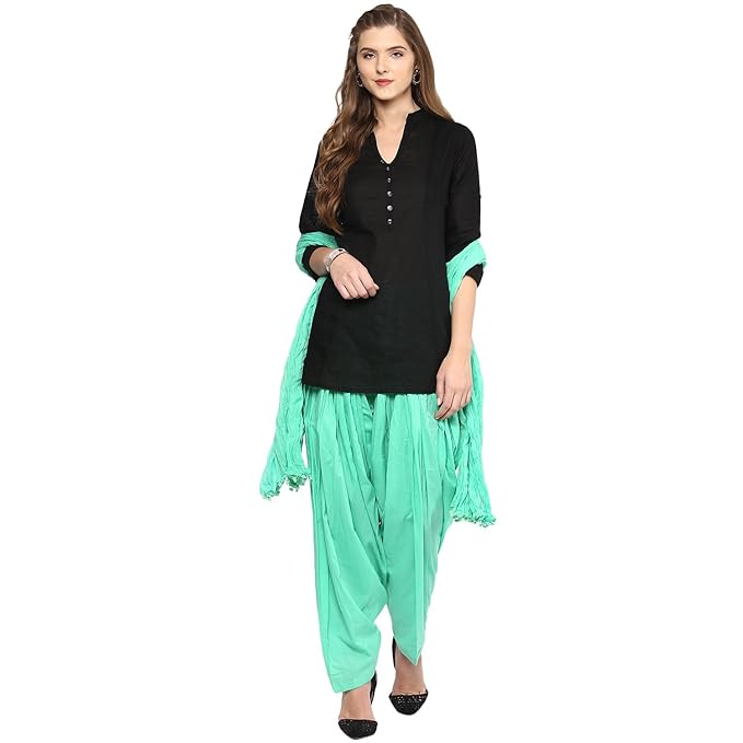 Fashionable women’s short kurta and Patiala salwar suit set with matching dupatta, styled by Seasons for elegant traditional wear.