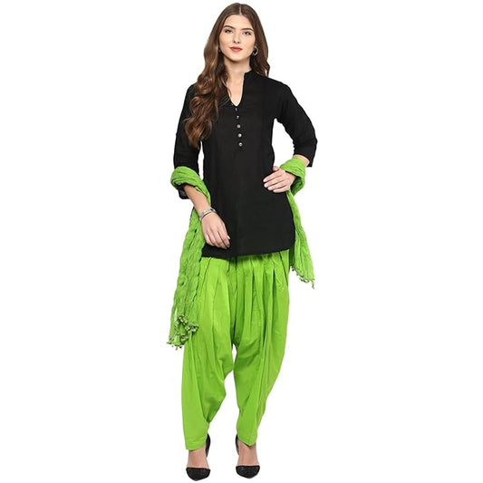 Women’s short kurta and Patiala salwar suit set with matching dupatta, stylish and comfortable traditional Indian outfit.