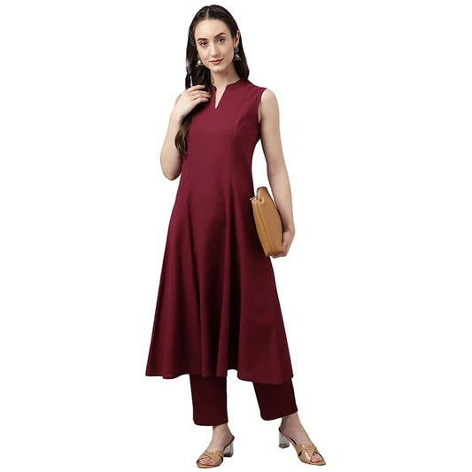 Maroon rayon A-line kurta with matching pants, stylish women's suit set by FIZZI SHOP, featuring a comfortable and elegant design.