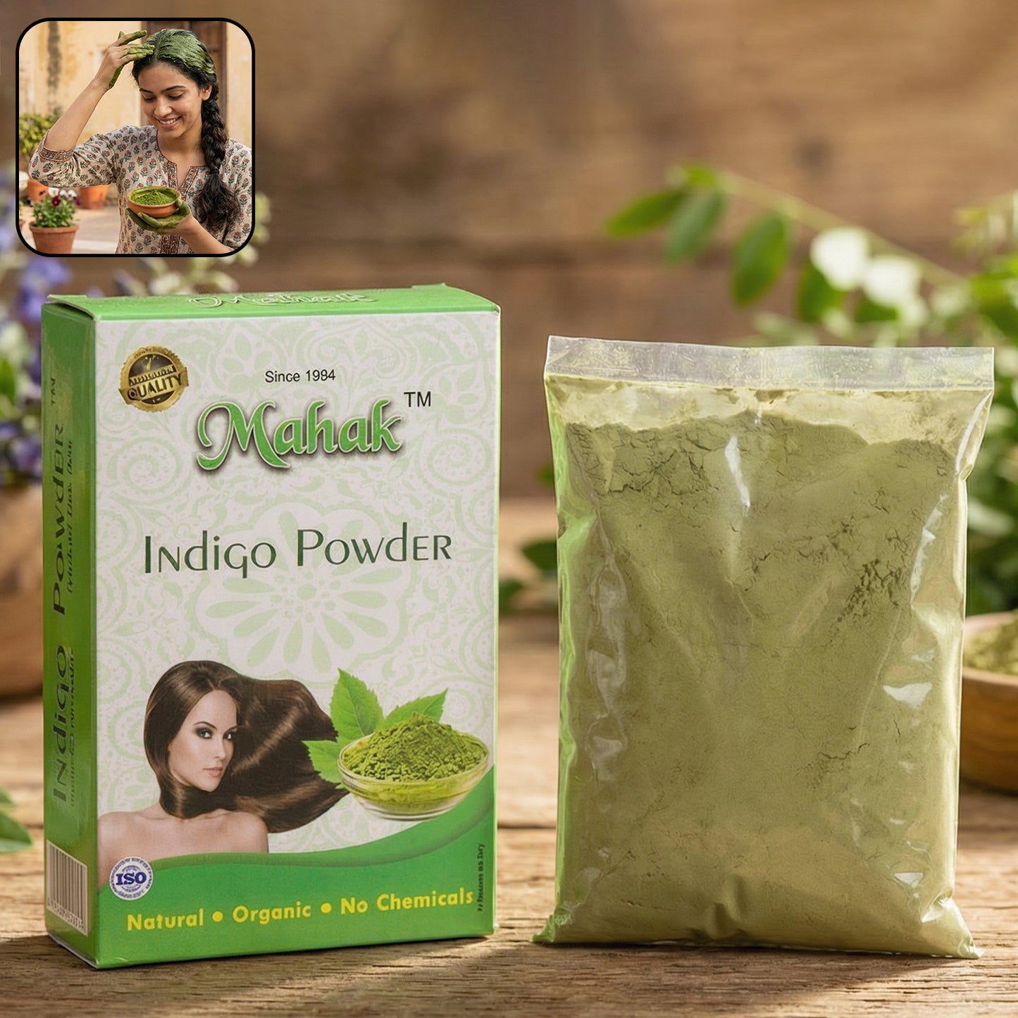 Wukusy natural indigo powder for traditional hair care, 80g, showing a vibrant blue-green powder in a clear container.