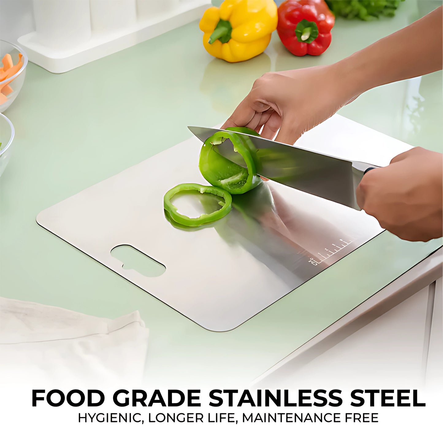 Wukusy stainless steel vegetable and fruit chopping board with a 3120 cm surface, designed for easy slicing and chopping.
