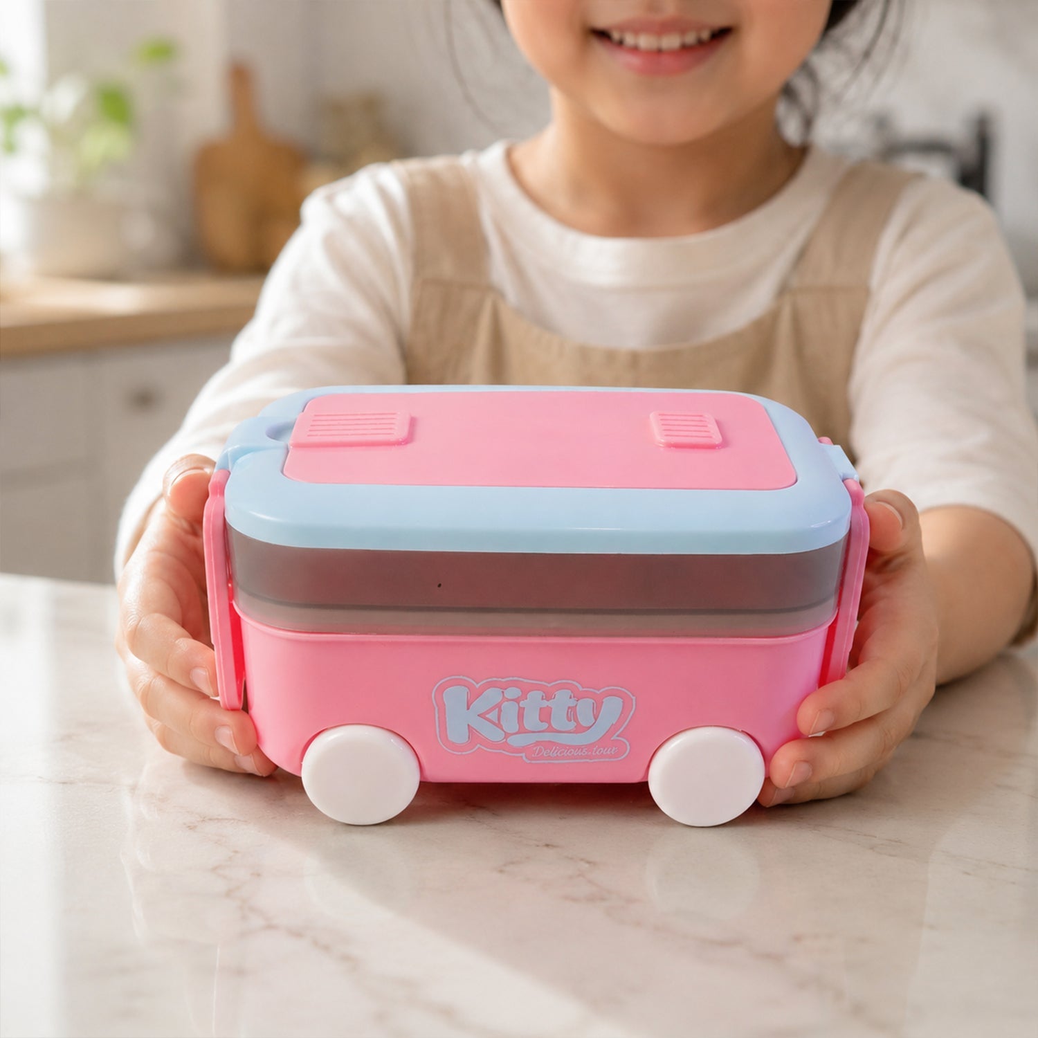 Wukusy car-shaped kids lunch box with wheels, spoon, and fork, ideal for school tiffin, colorful and playful design.