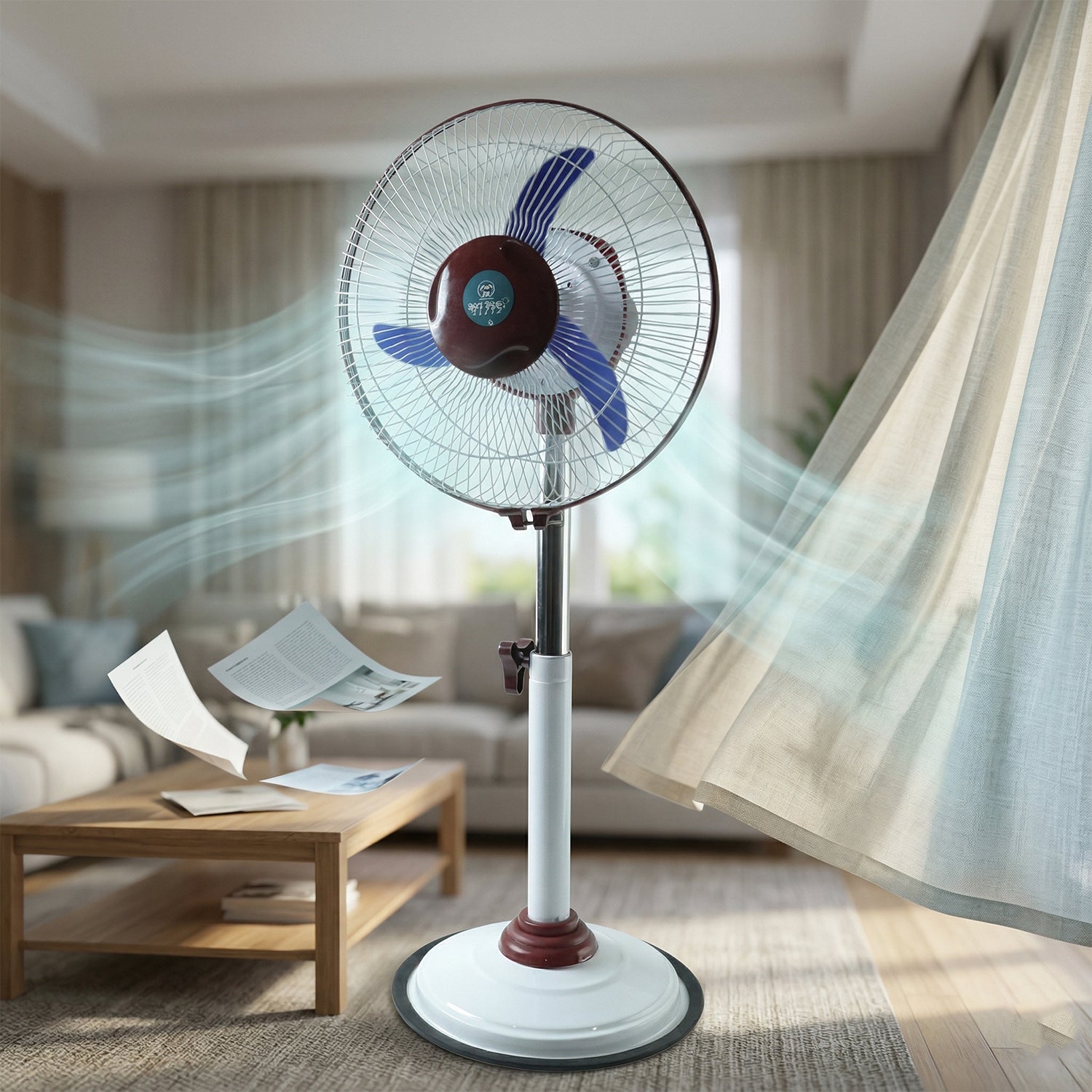 Wukusy Omega 12V rechargeable pedestal fan with LED light, standing on a base with adjustable height and a modern design