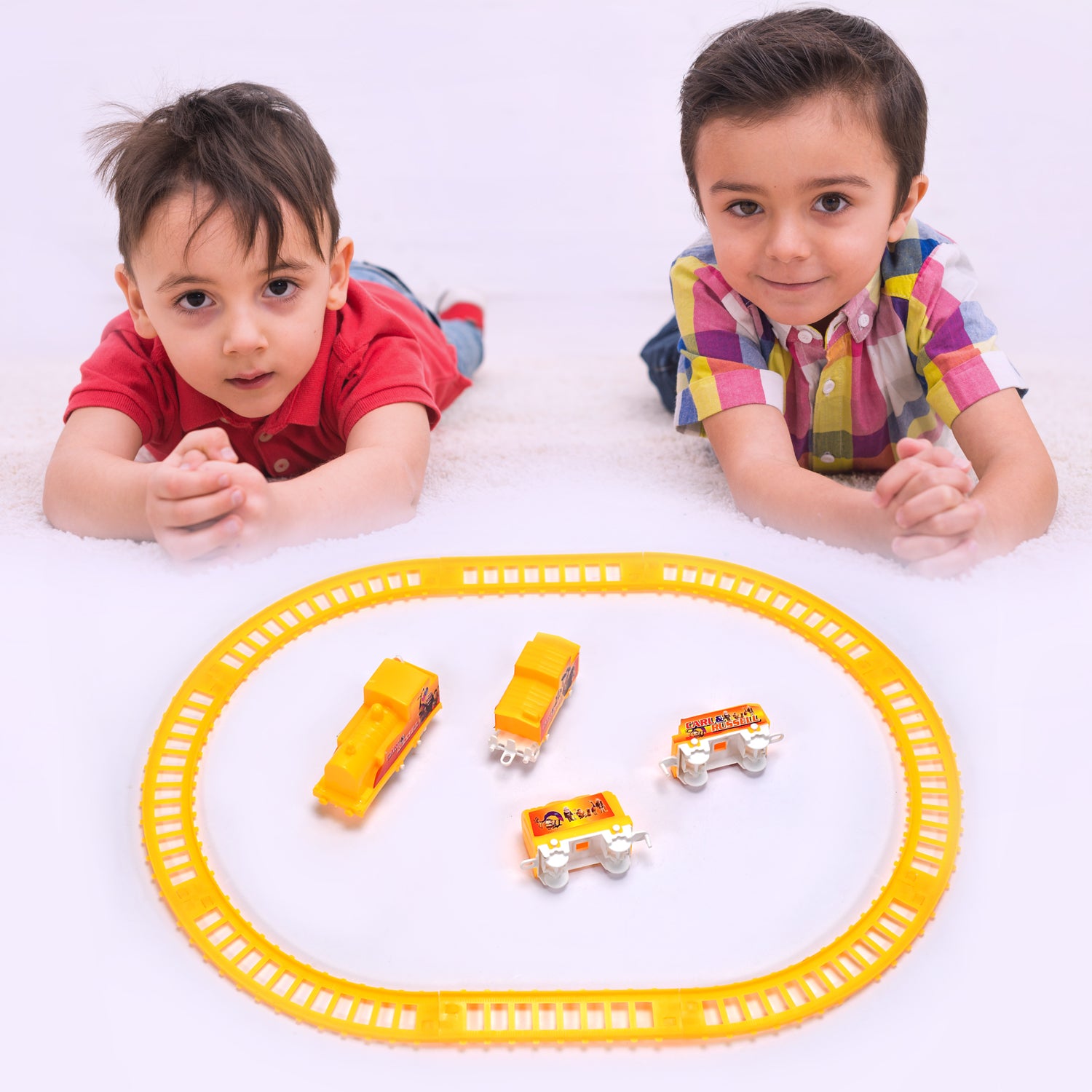 Wukusy kids toy train set featuring a high-speed battery-operated train with lights and sound, perfect for children's play.