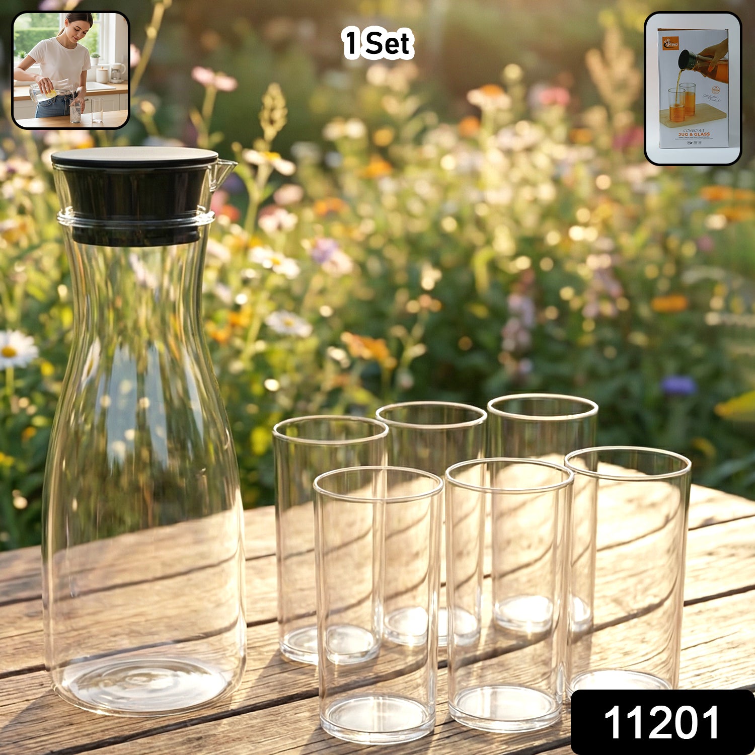 Wukusy Prexo plastic water jug (1000ml) with six 300ml drinking glasses, all clear and durable for everyday use.