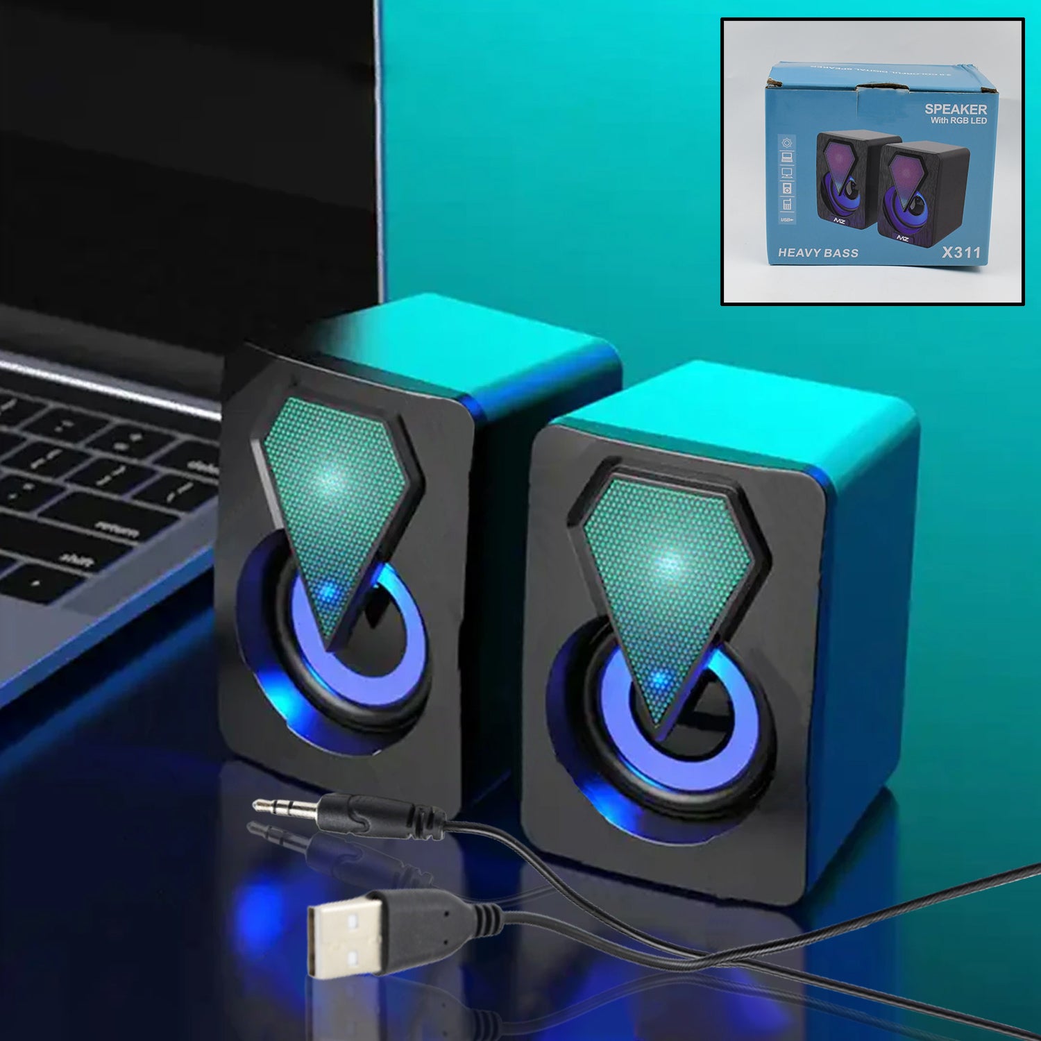 Wukusy RGB desktop speakers set with USB power, featuring colorful lighting and plug-and-play design for computer audio.