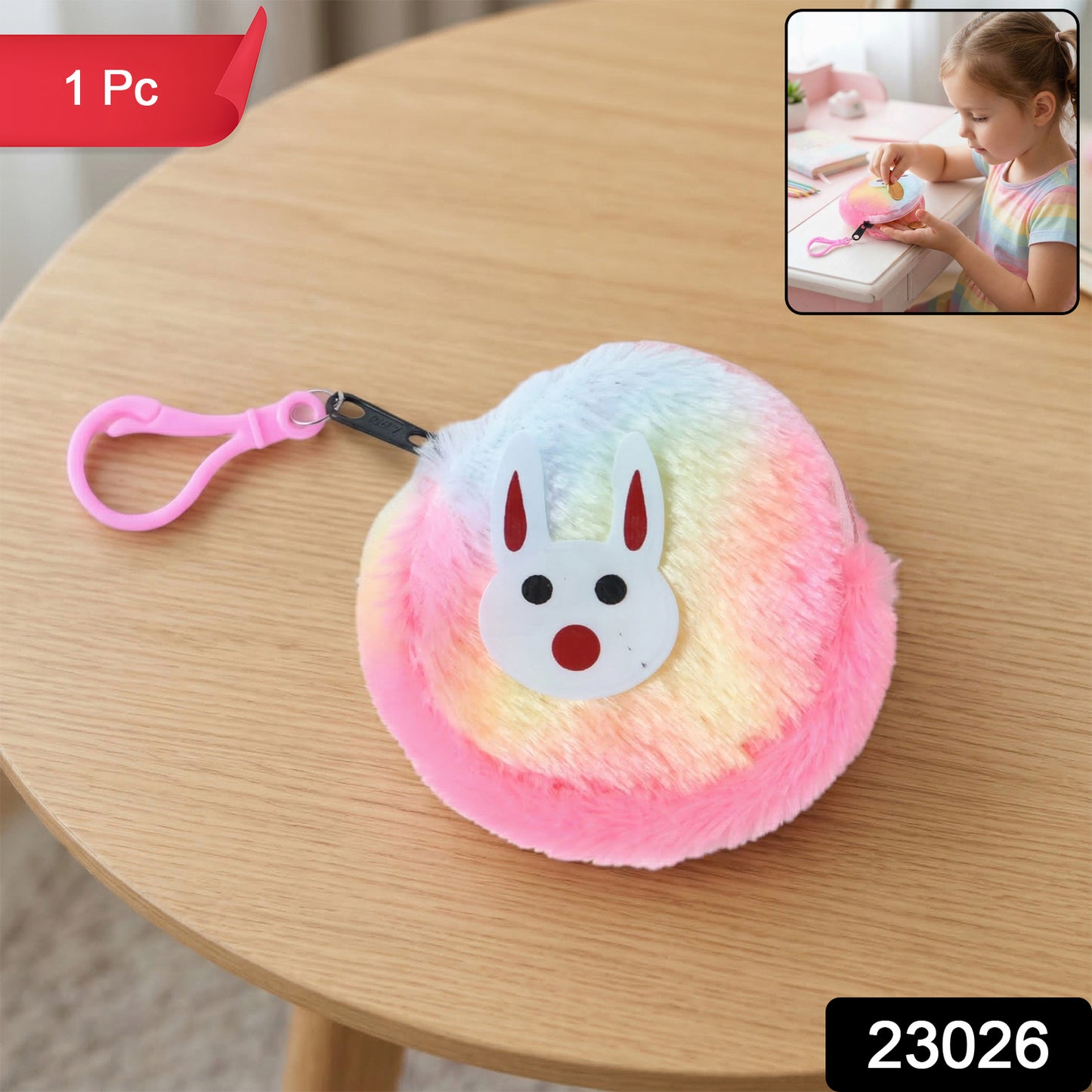 Wukusy cute bunny design rainbow fur mini coin purse keychain with adorable bunny face and colorful rainbow fur exterior.