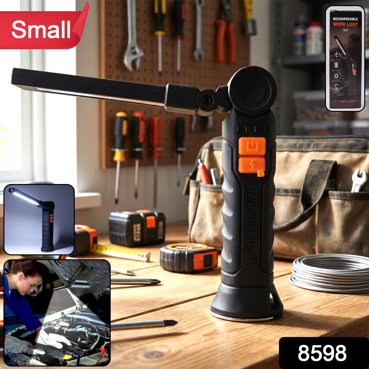 Wukusy compact rechargeable LED work light with adjustable arm and magnetic base for hands-free illumination.