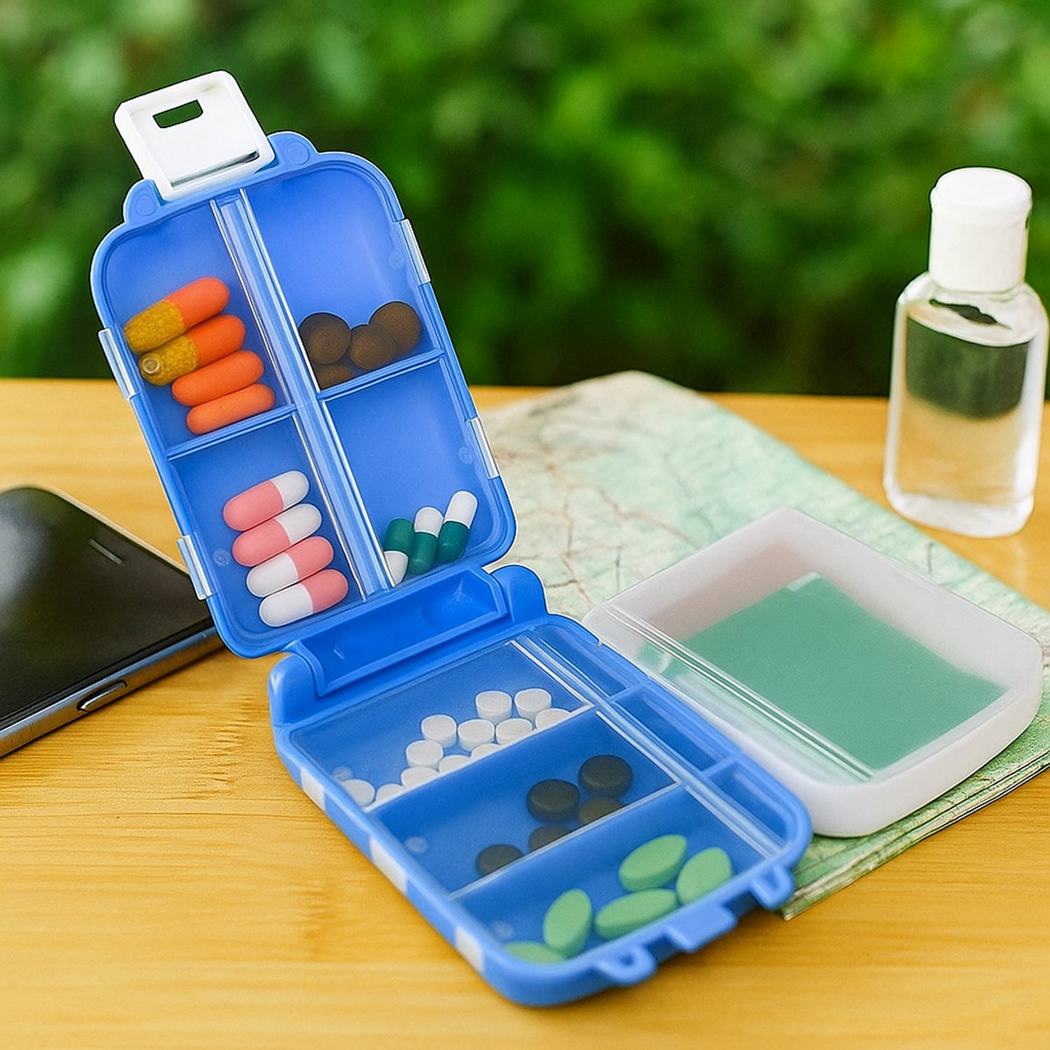 Blue Wukusy portable dual-sided pill organizer box with compartments for easy medication storage and travel convenience