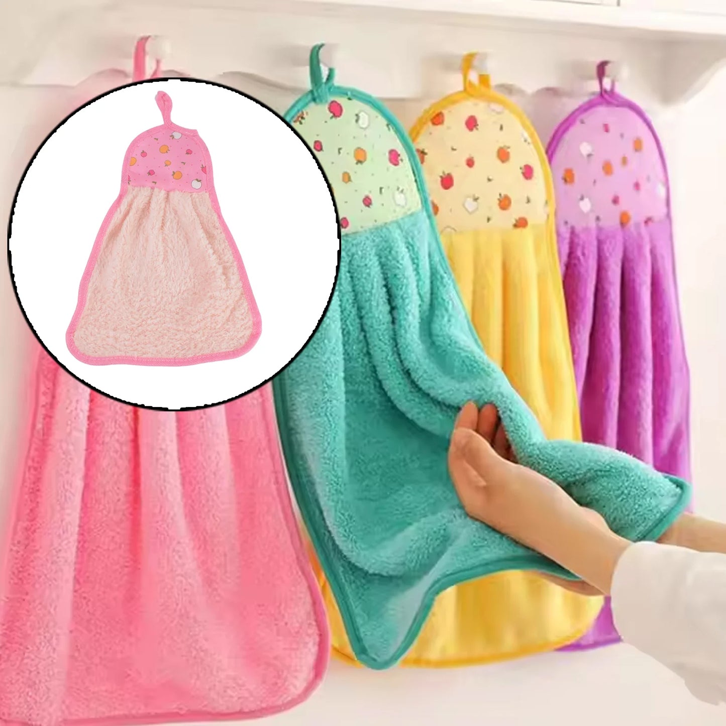 Soft hanging hand towel with self-adhesive wall hook by Wukusy, displayed hanging on a bathroom wall.