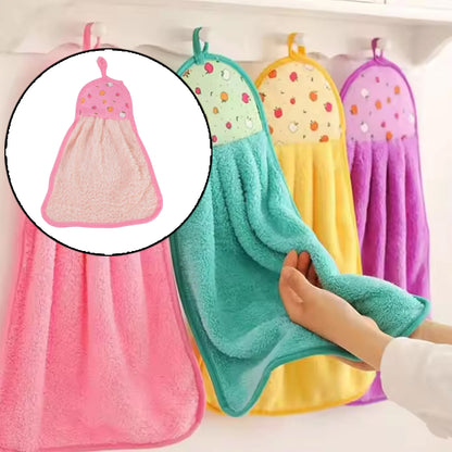 Soft hanging hand towel with self-adhesive wall hook by Wukusy, displayed hanging on a bathroom wall.