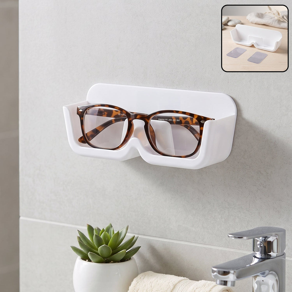 Wall-mounted Wukusy plastic sunglasses holder stand with adhesive, designed for organizing eyewear securely on walls.