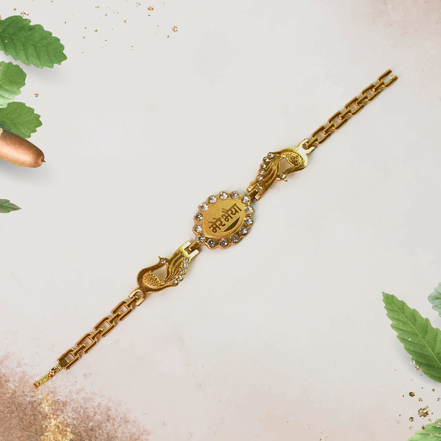 Wukusy bracelet with stone border and dual peacock chain end rakhi, featuring intricate design and traditional craftsmanship.