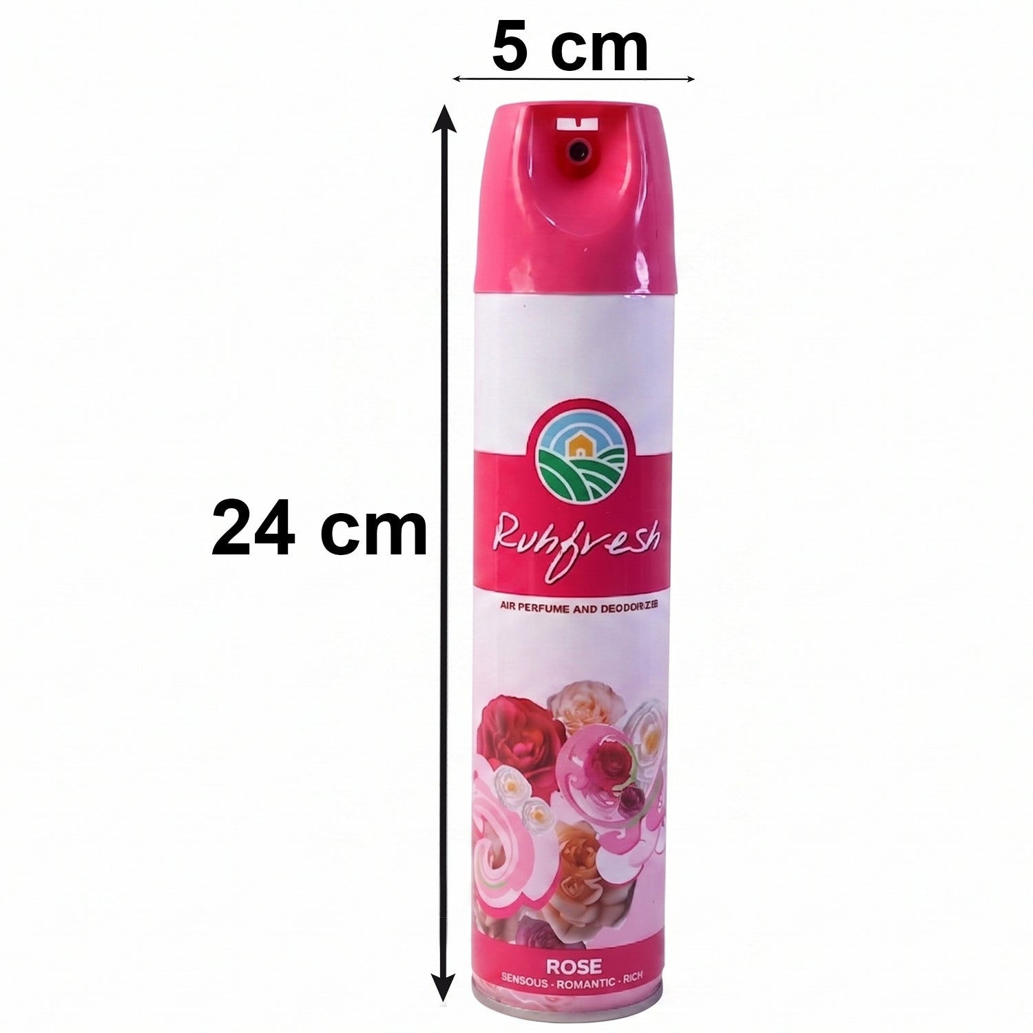 Wukusy Rose air freshener spray bottle, 220ml, with a floral rose design and spray nozzle for refreshing air in homes or cars.
