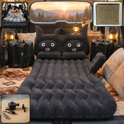 Wukusy cute car air mattress set with black cat pillow, designed for comfortable sleeping on the go in a vehicle interior