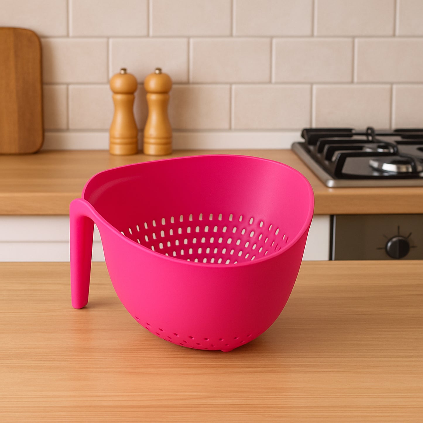 Wukusy Supermom premium triangular kitchen colander for draining pasta and vegetables, made of durable plastic.