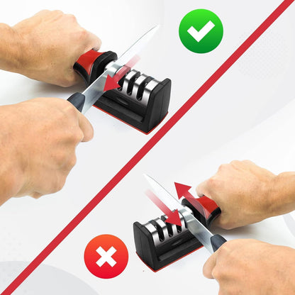 Wukusy 4-stage manual knife sharpener with non-slip base, compact kitchen sharpening tool for precision edge restoration.