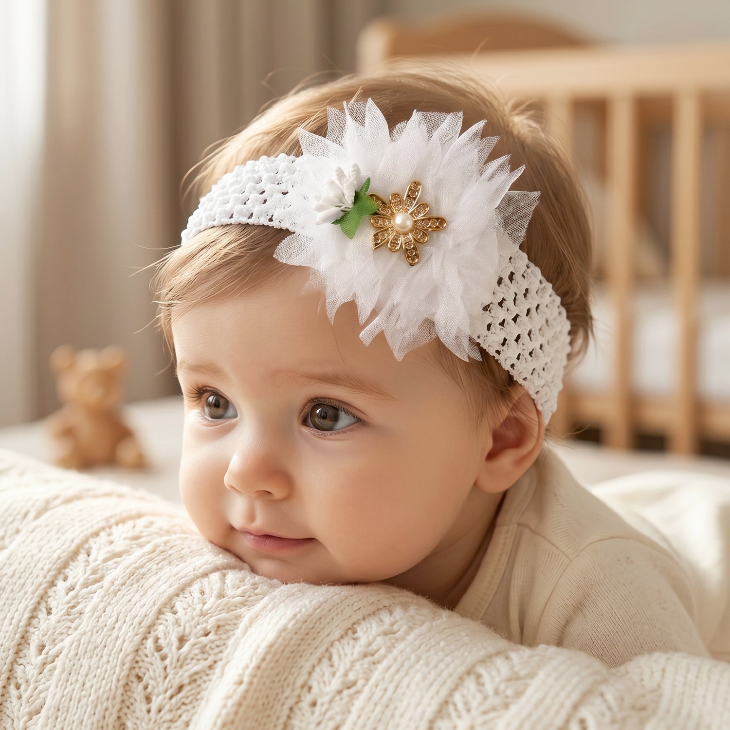 Cute soft elastic floral baby headband by Wukusy, featuring a stretchable design and stylish floral pattern for infants.