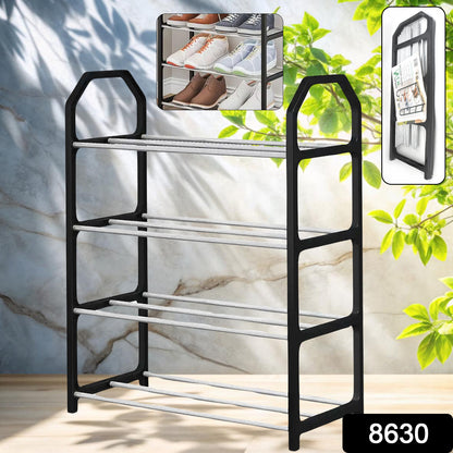 Wukusy four-layer space-saving folding shoe rack with shoes arranged on each tier, ideal for organizing footwear at home.