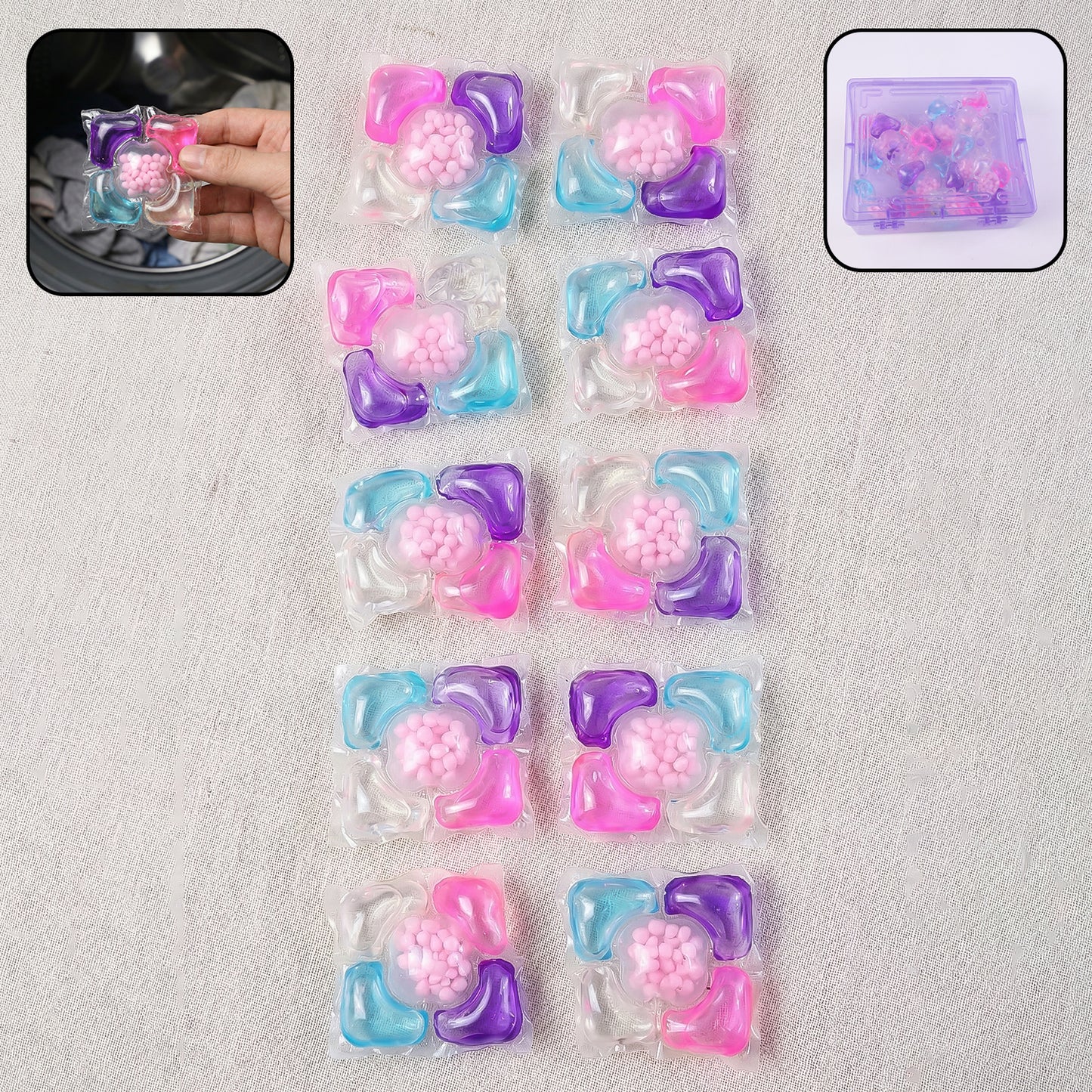 Wukusy multicolour laundry detergent pods in a 10-piece pack, showing vibrant, multi-hued pods ready for washing.