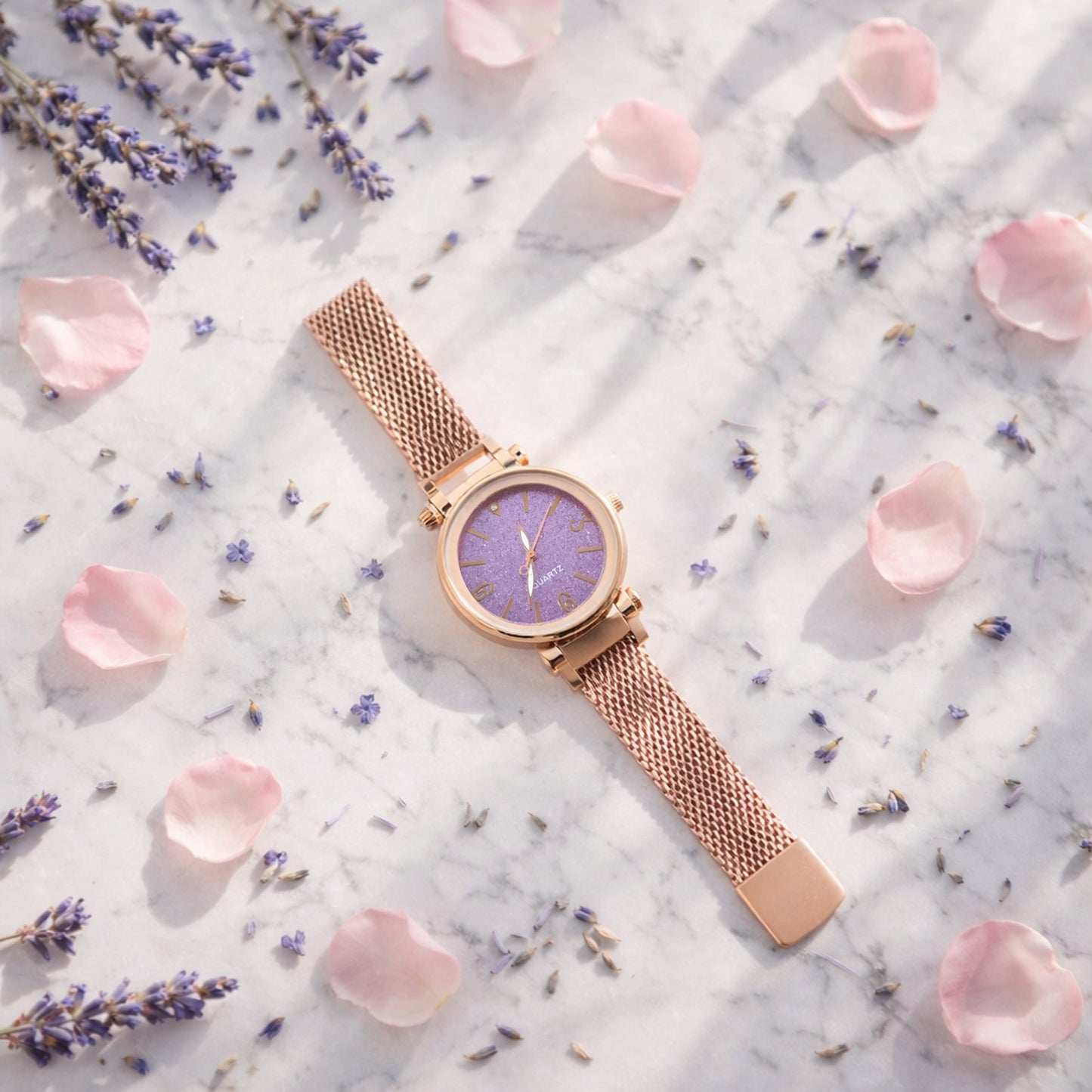 Elegant rose gold mesh strap analog wrist watch for women by Wukusy, featuring a sleek round dial and stylish design.
