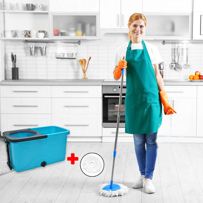 Wukusy Quick Spin Mop with plastic bucket and easy-wheels for efficient floor cleaning in home improvement.