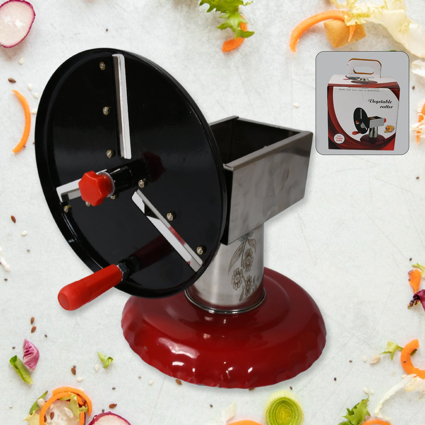 Wukusy stainless steel chips maker and vegetable slicer with iron wheel and stand, ideal for making potato chips and vegetable cuts.