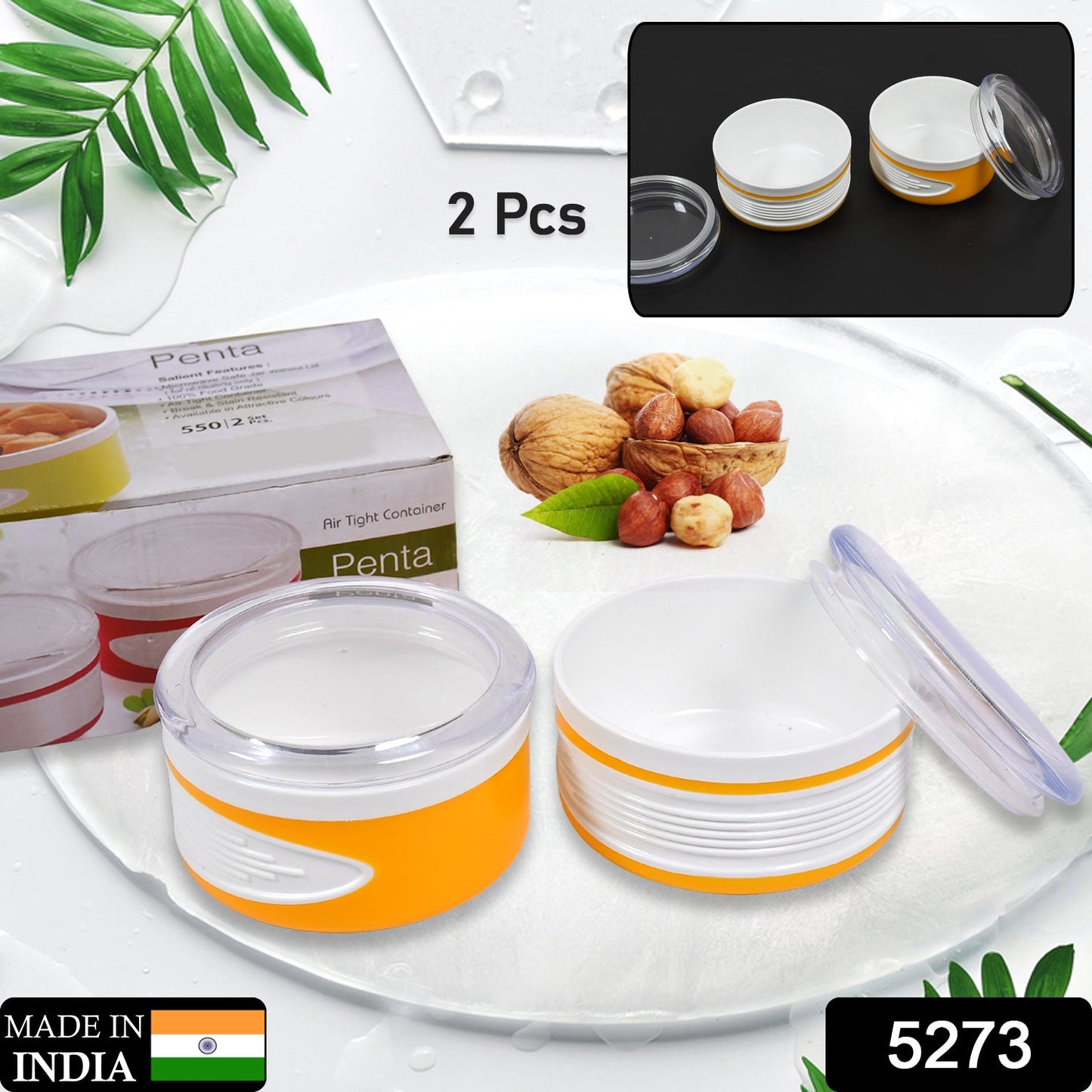 Wukusy 5273 airtight plastic storage container set with two 550ml containers, transparent with blue lids for food storage.