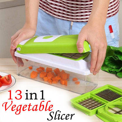 Wukusy 13-in-1 plastic vegetable grater, chopper, and slicer with multiple blades for versatile kitchen prep.