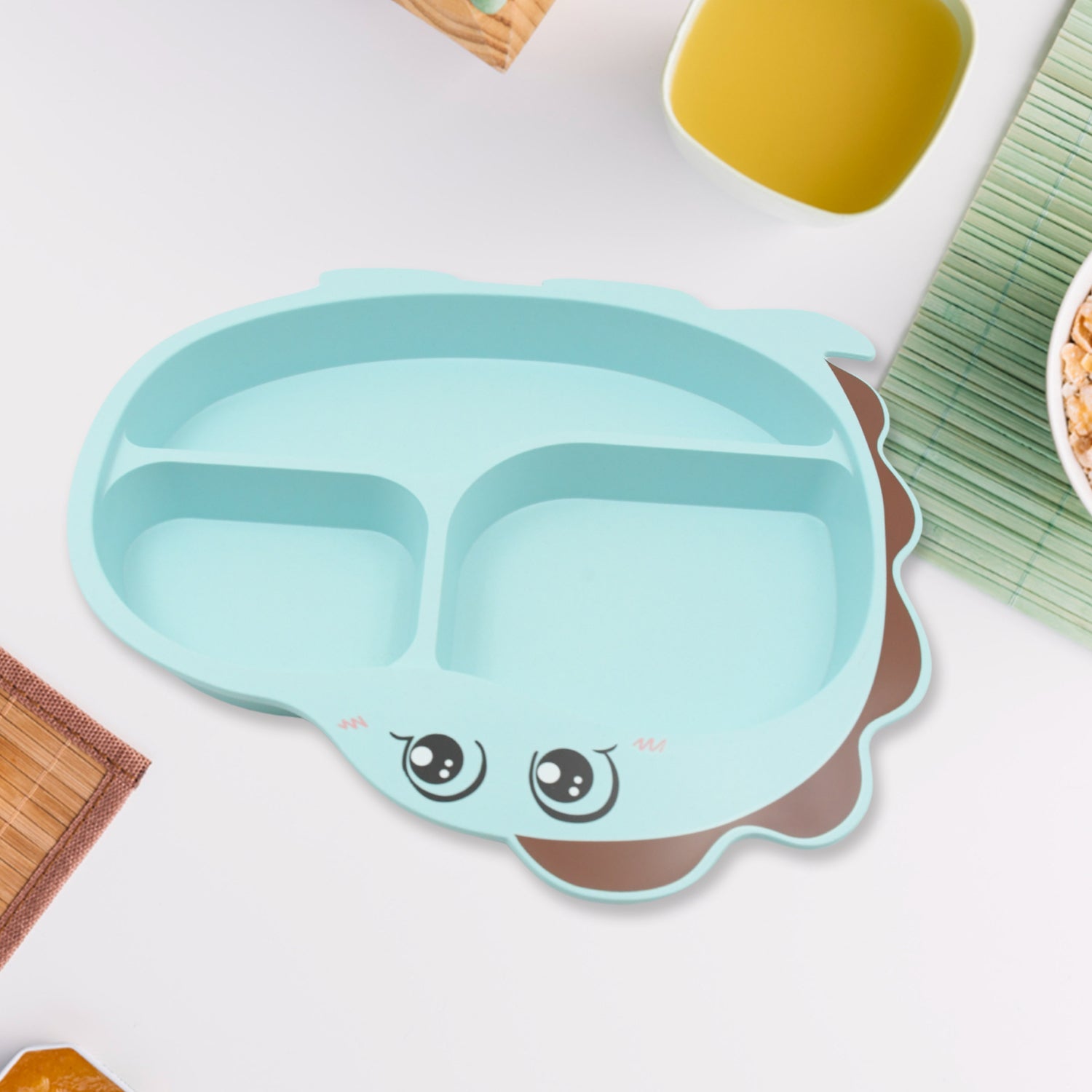 Wukusy baby feeding set with bamboo fiber plates, cup, spoon, fork, chopsticks, featuring cartoon designs for kids and toddlers.