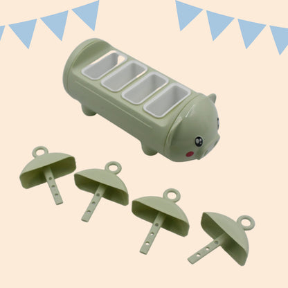 Wukusy pig-shaped silicone mold set for making ice pops, candy, or kulfi with four plastic cups for freezing fun.