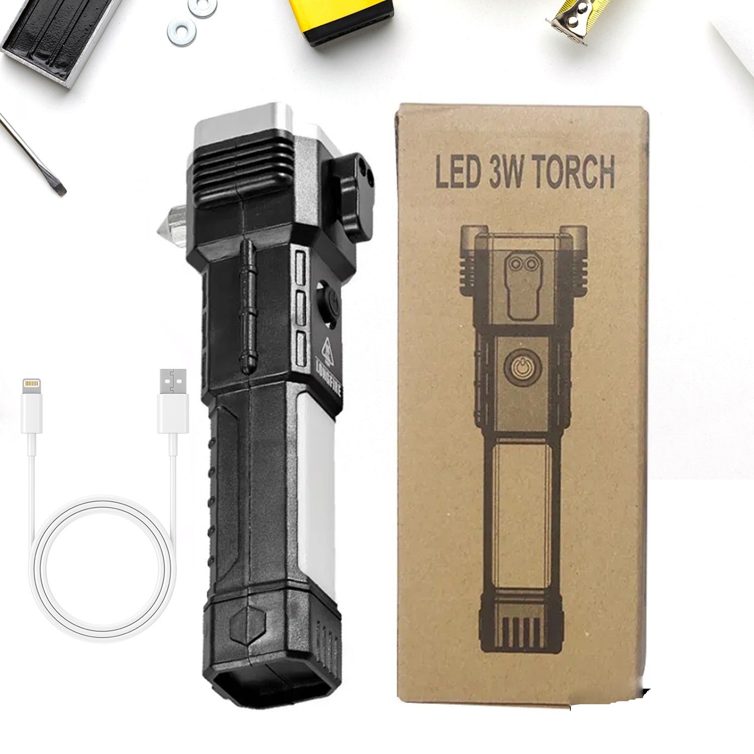 Wukusy 1524 portable 3W rechargeable LED flashlight with long beam, magnetic base, window cutter, and four modes for outdoor use.
