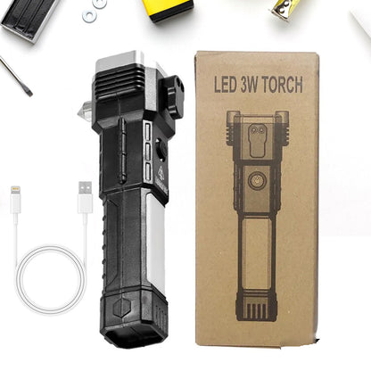 Wukusy 1524 portable 3W rechargeable LED flashlight with long beam, magnetic base, window cutter, and four modes for outdoor use.
