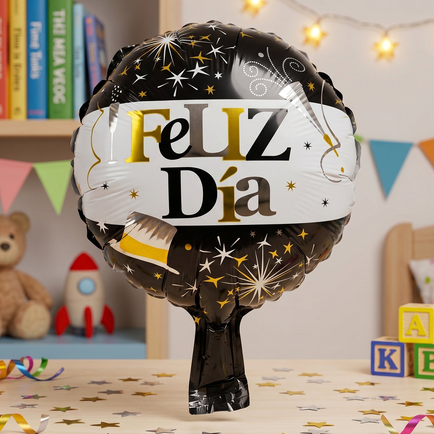 Black and gold Feliz Dia round foil balloon from Wukusy, featuring festive lettering and shiny surface for celebration decor.