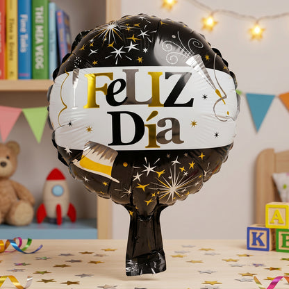 Black and gold Feliz Dia round foil balloon from Wukusy, featuring festive lettering and shiny surface for celebration decor.