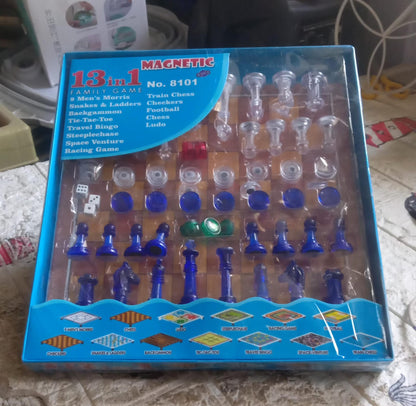 Wukusy 13-in-1 family board game set featuring chess, snakes and ladders, Ludo, tic-tac-toe, checkers, and more for kids.