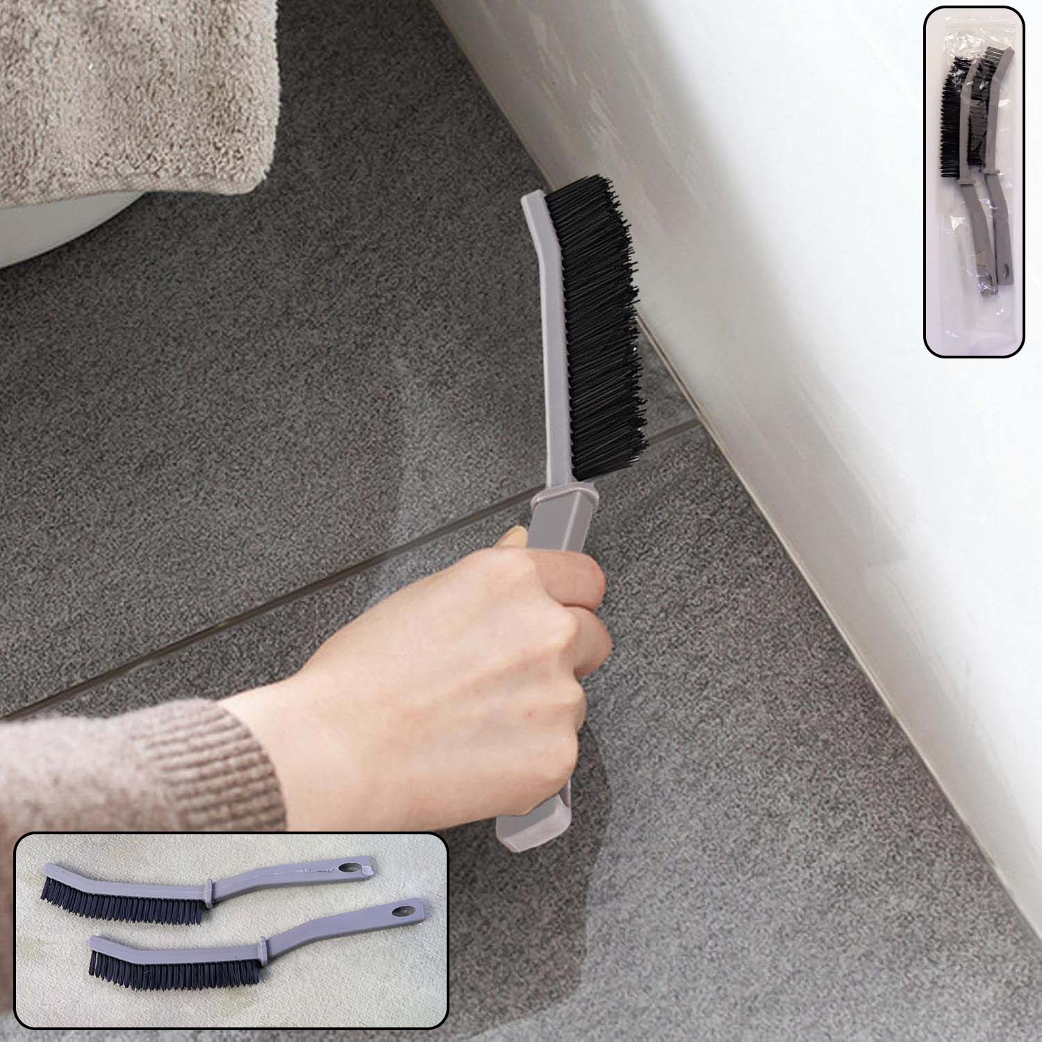 Wukusy long handle corner cleaning brushes, 2-piece set for home improvement, featuring ergonomic handles and angled bristles for tight spaces.
