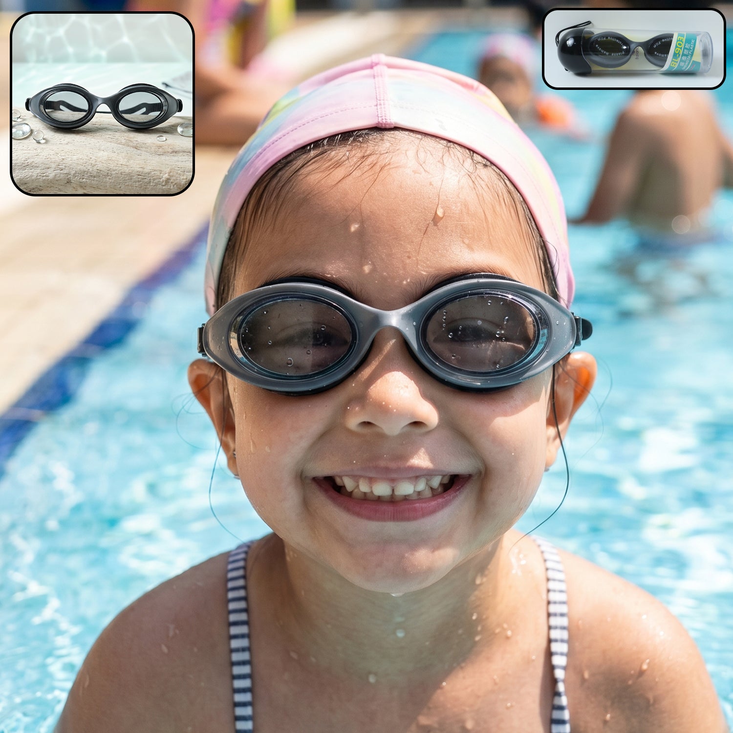 Wukusy kids' UV protection swimming goggles with anti-fog lenses and comfortable fit, shown on a young swimmer.
