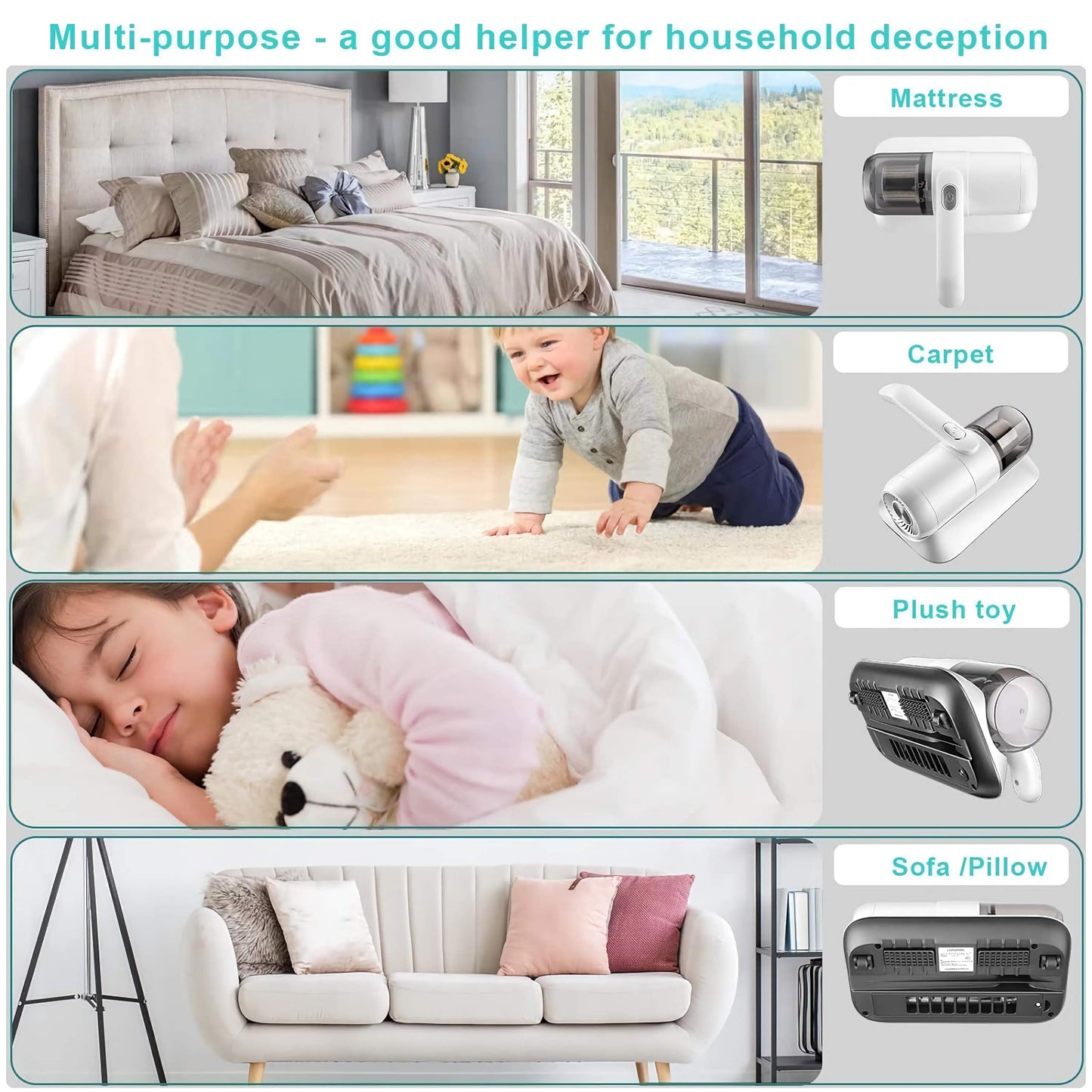 Wukusy portable handheld vacuum cleaner with powerful suction, cordless design, and low noise for cleaning beds, sofas, car seats, and crevices.
