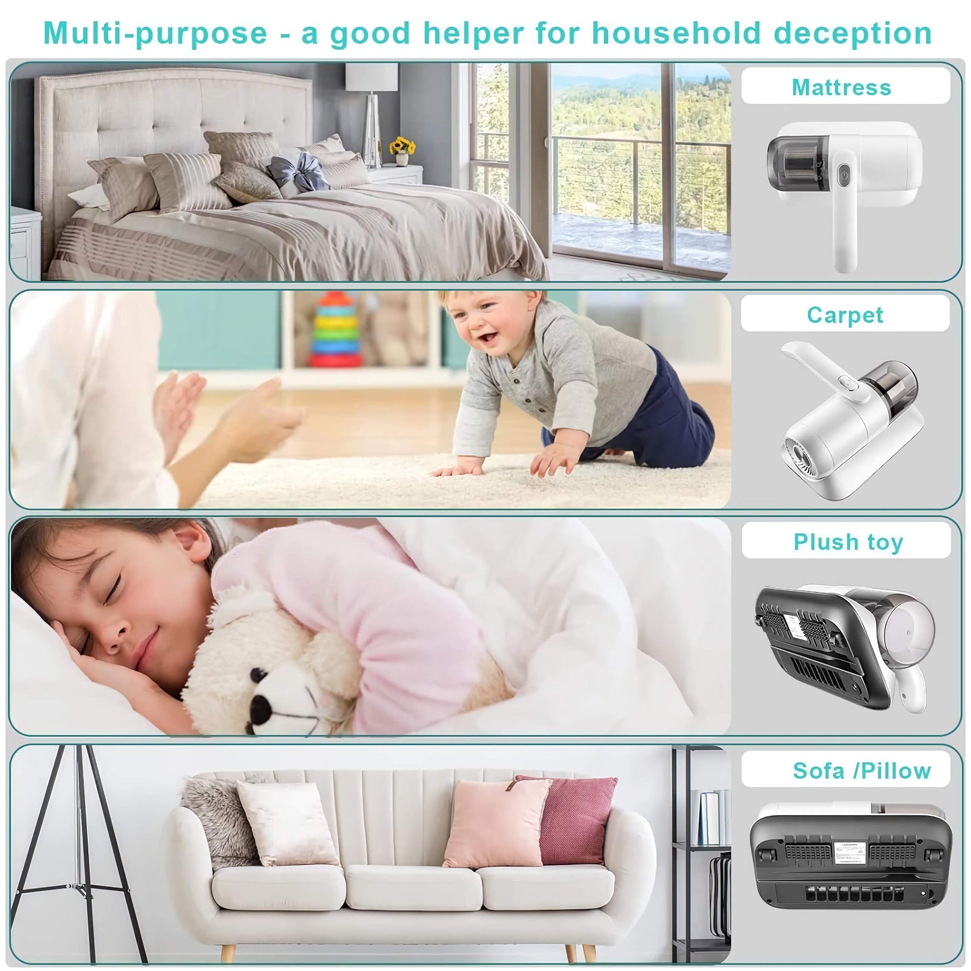 Wukusy portable handheld vacuum cleaner with powerful suction, cordless design, and low noise for cleaning beds, sofas, car seats, and crevices.
