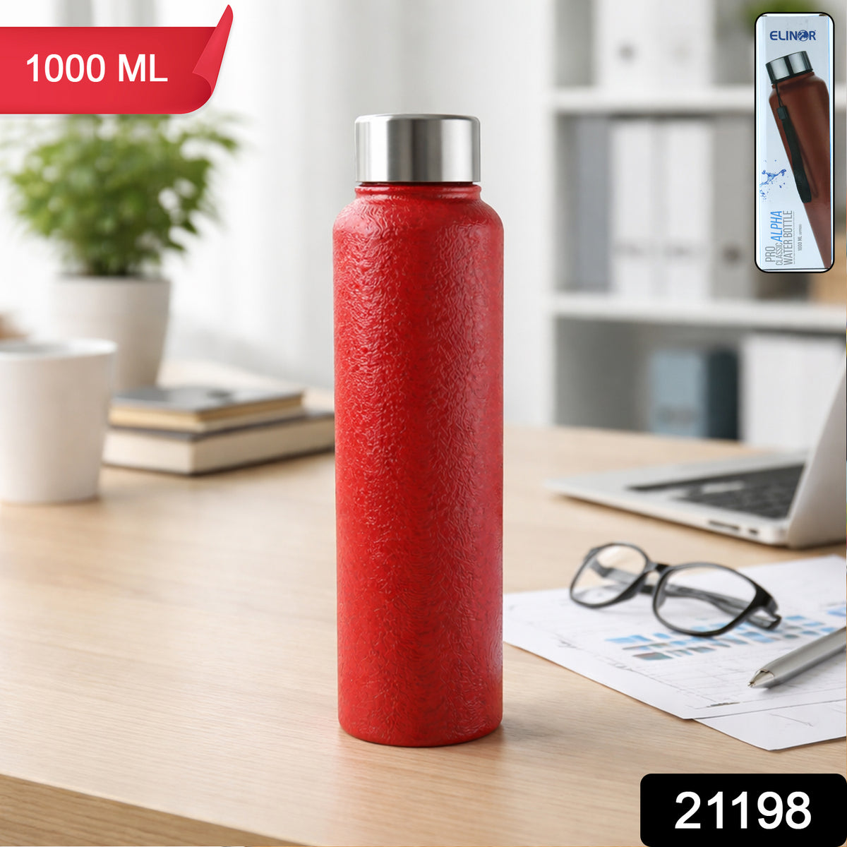 Red 1000ml stainless steel water bottle by Wukusy, sleek and durable with a secure screw-top lid.