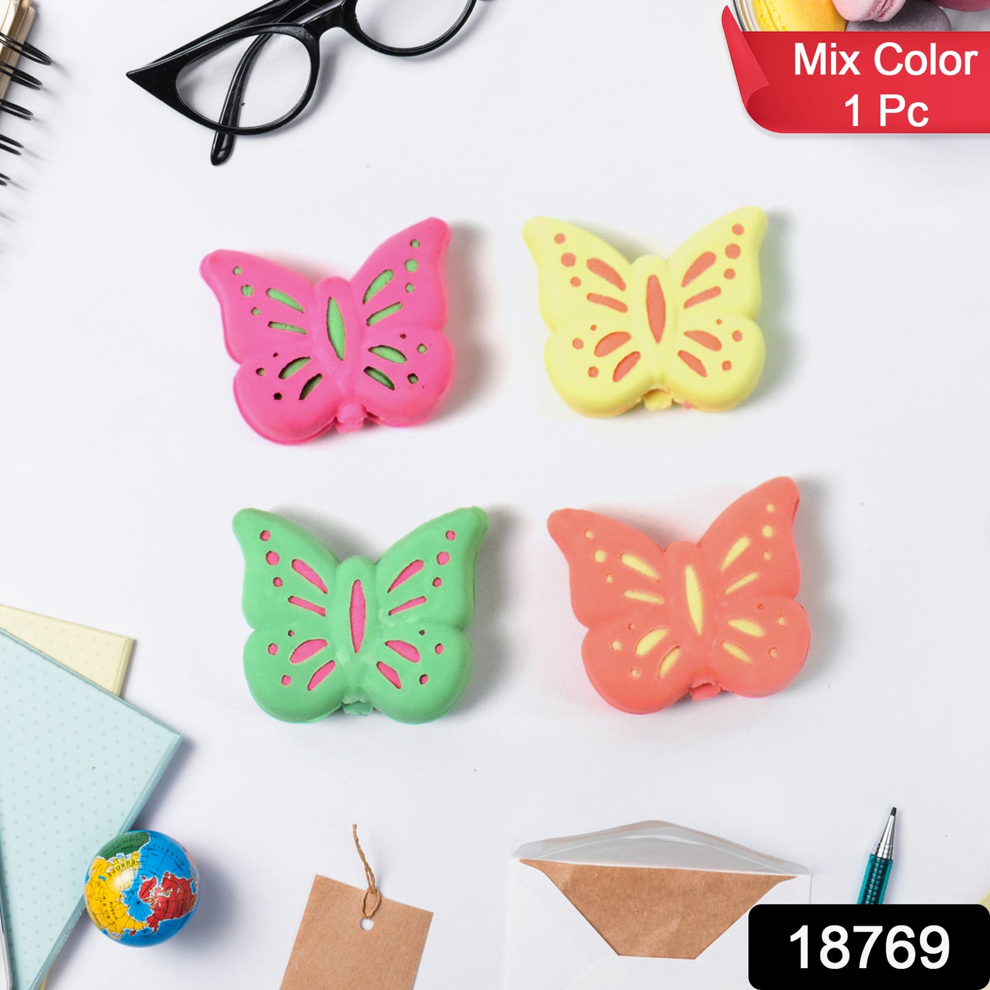 Colorful butterfly-shaped rubber eraser from Wukusy, designed for office use, featuring vibrant mixed colors and detailed butterfly shape.
