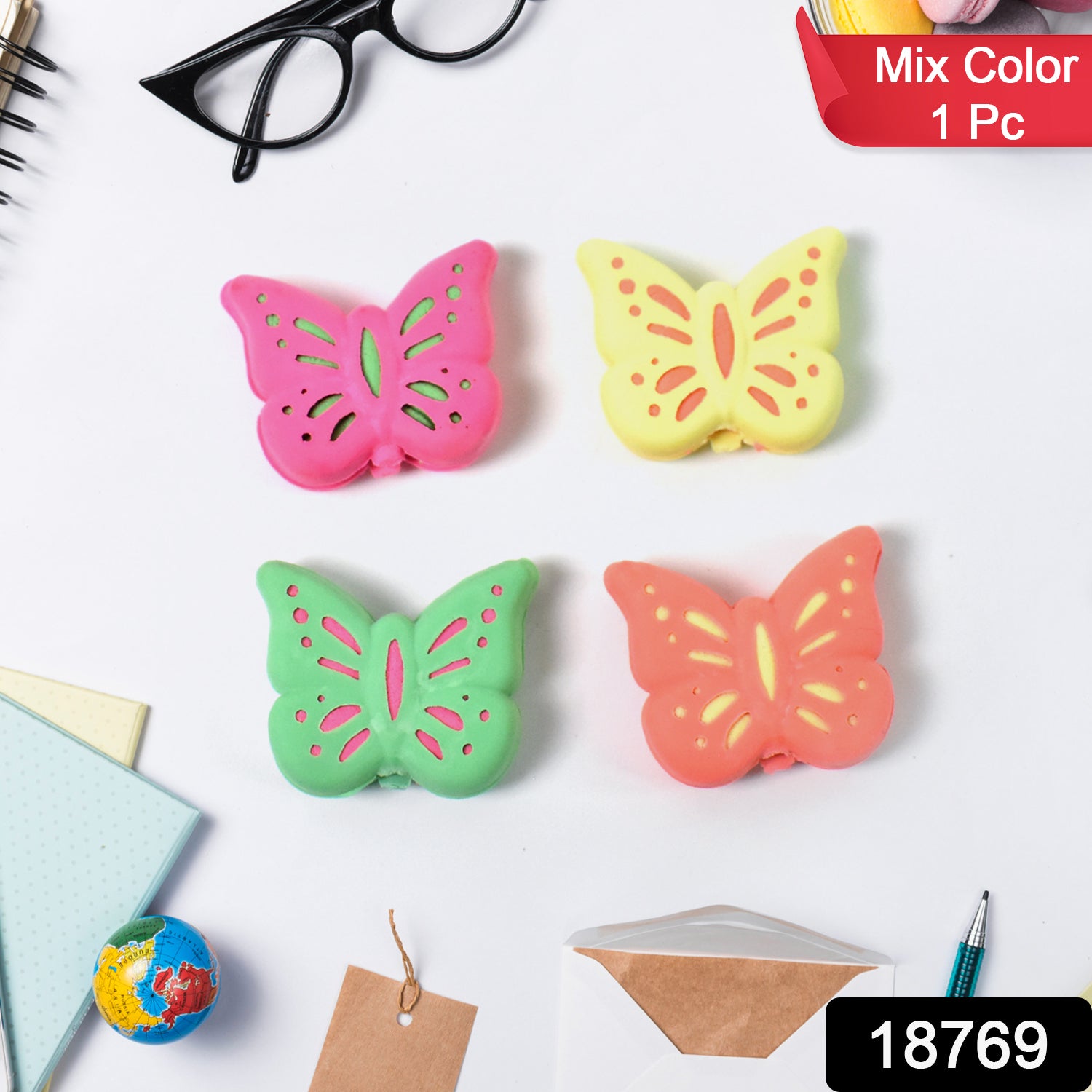 Colorful butterfly-shaped rubber eraser from Wukusy, designed for office use, featuring vibrant mixed colors and detailed butterfly shape.
