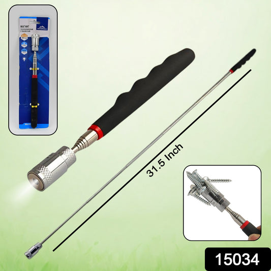 Wukusy telescopic pickup tool with magnetic tip and mini LED light for hardware tasks, extended and retracted in use.